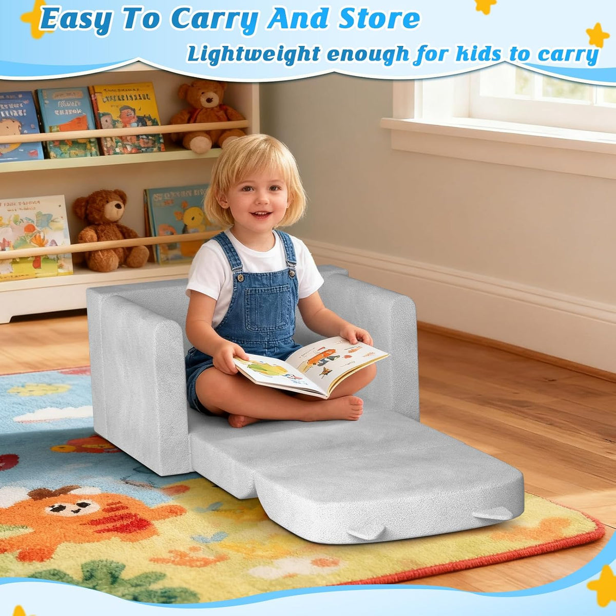 Kids Sofa Bed Ages 3+ with Washable Cover, Foldable Toddler Chair