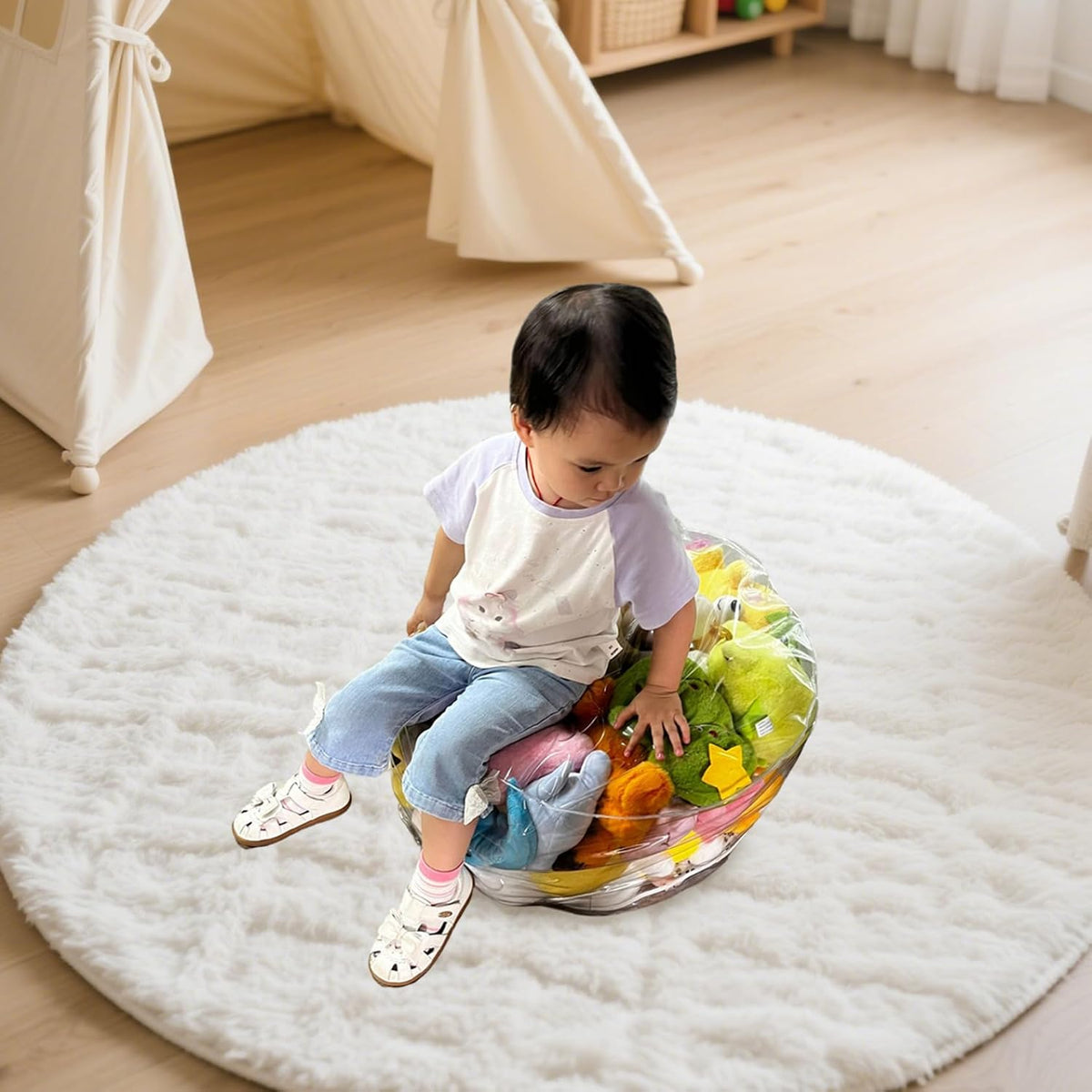 Bean Bag Stuffed Animal Storage Waterproof PVC Clear Bean Bag with Zipper Stuffable for Kids Toddler Chair Toy Storage and Room Organization
