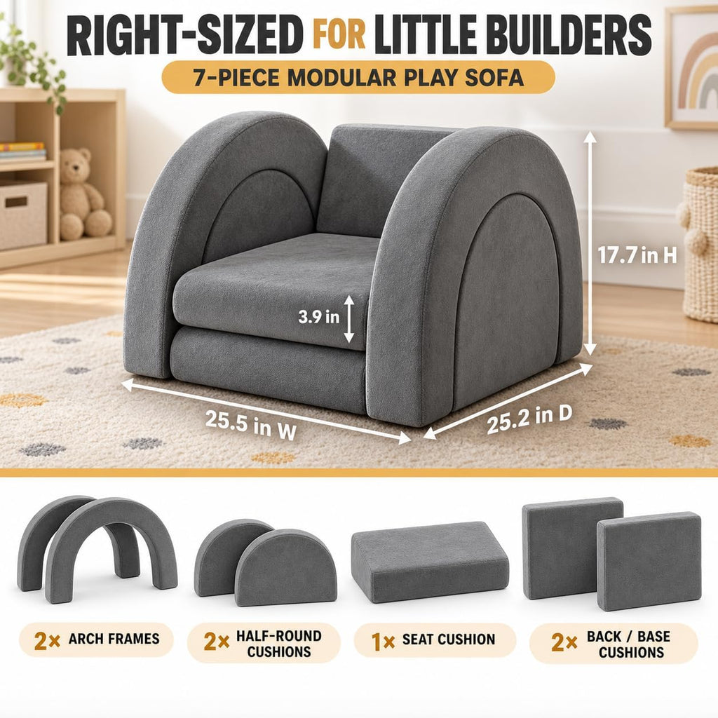 PY HOME & SPORTS Kids Modular Sofa Play Set, 7-Piece Creative Foam Couch for Children, Soft Coral Fleece, Multiple Configurations, Improves Hands-On Skills & Imagination, Compressed Packaging(Grey)