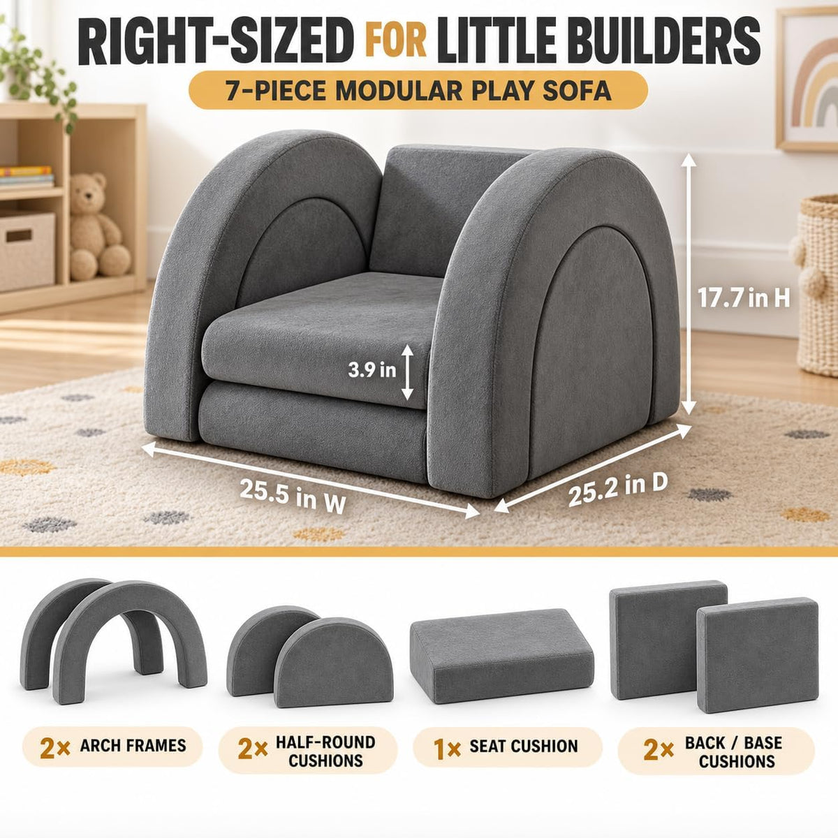 PY HOME & SPORTS Kids Modular Sofa Play Set, 7-Piece Creative Foam Couch for Children, Soft Coral Fleece, Multiple Configurations, Improves Hands-On Skills & Imagination, Compressed Packaging(Grey)
