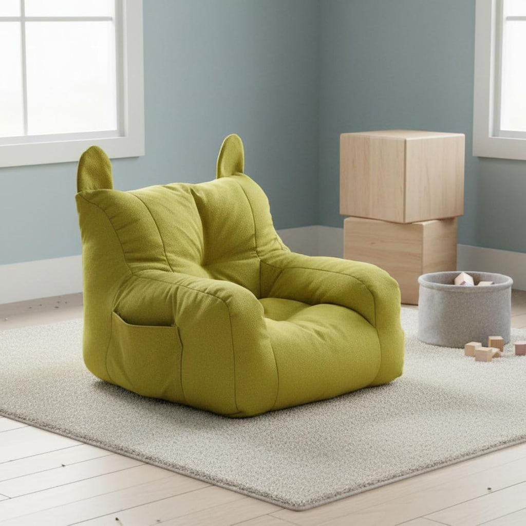Children Reading Sofa Armchair Lounge Chair Bear Seat Soft Linen Upholstered Cushion Wooden Frame Suitable for Bedroom Living Room Nursery, Green
