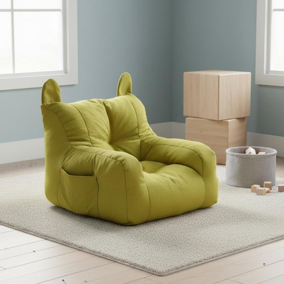 Children Reading Sofa Armchair Lounge Chair Bear Seat Soft Linen Upholstered Cushion Wooden Frame Suitable for Bedroom Living Room Nursery, Green