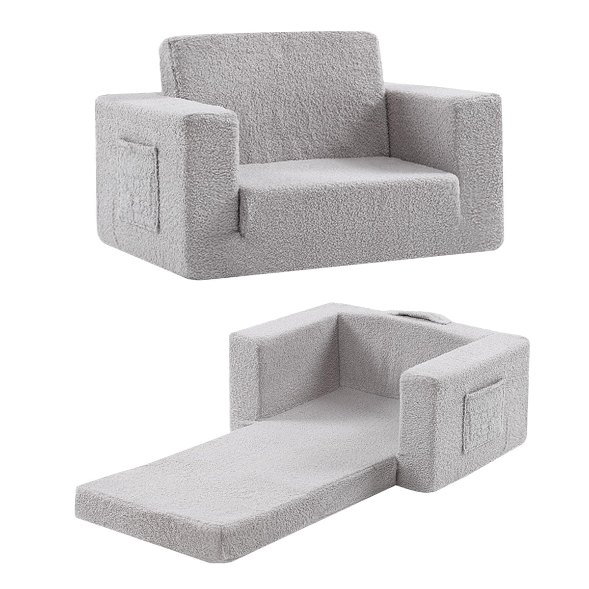 Kids Chair Sherpa Kids Couch, 2-in-1 Soft Kids Armchair for Kids' Room, Convertible Sofa for Girls and Boys, Child Reading Chair for Playroom, Living Room, Pet, Beige