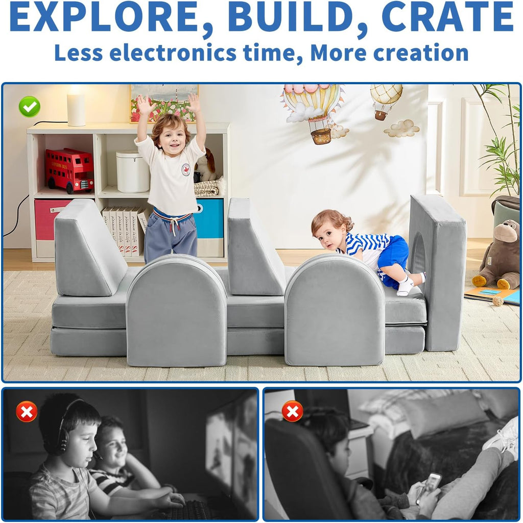 wanan Kids Couch 10PCS, Modular Kids Play Couch for Playroom Bedroom, 10 in 1 Multifunctional Kid Sofa for Playing, Creativing, Sleeping, Indoor Toddler Couches for Boys and Girls(Grey)