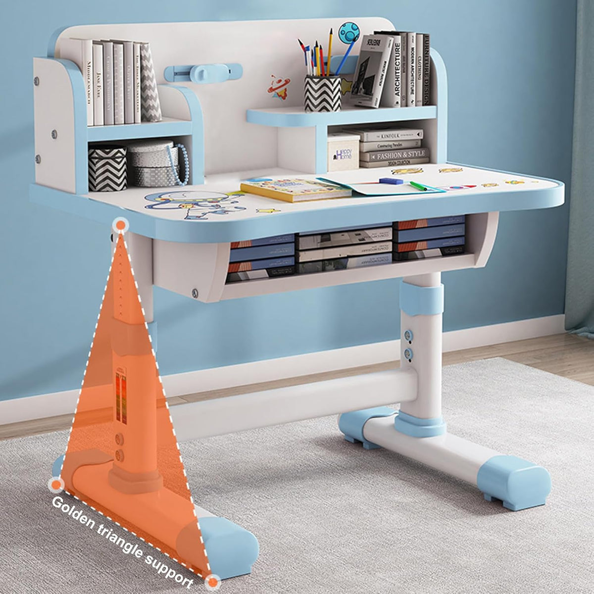 Kids Desk and Chair Set, Height Adjustable Astronaut Pattern Children School Desk with Shelf & Large Drawers, Kids Writing Study Table for Boys Girls 3+ (Blue H)