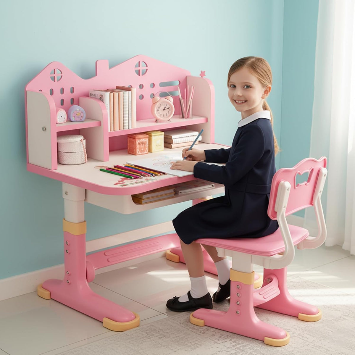Kids Study Desk and Chair Set, Height Adjustable Children School Study Desk with Castle Backboard,Ergonomic Small Desks Widened Desktop, Study Table with Bookstand Storage Drawer (Pink)