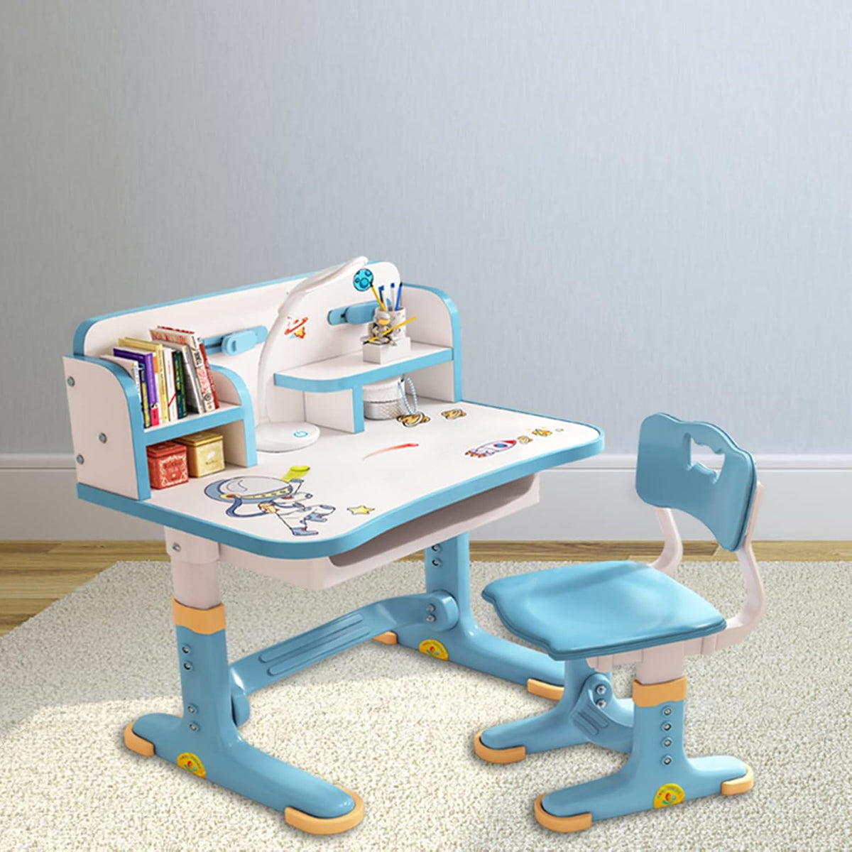 Kids Adjustable Study Desk & Chair Set, Pink Girl Desk, Child Toddler Homework Table, Princess Children Preschool Desk for Computer Writing Homework, Escritorio Mesas para Niña (Blue)