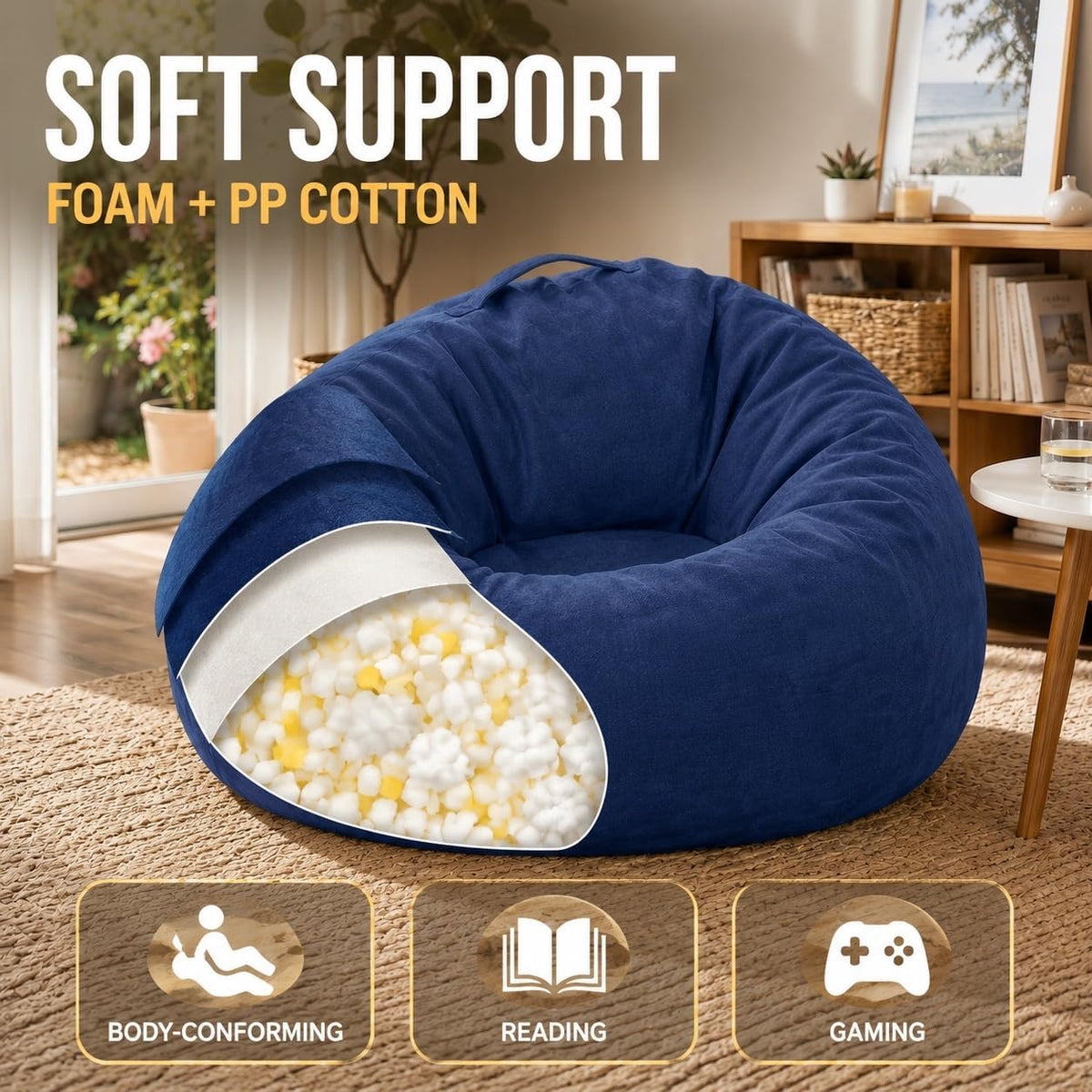 Lekit Blue Bean Bag Chair for Teens and Kids, 33.5 x 33 x 24 Inch Velvet Cartoon and Chenille Beanbag Sofa with Foam and PP Cotton Fill, Soft Comfy Lounge C