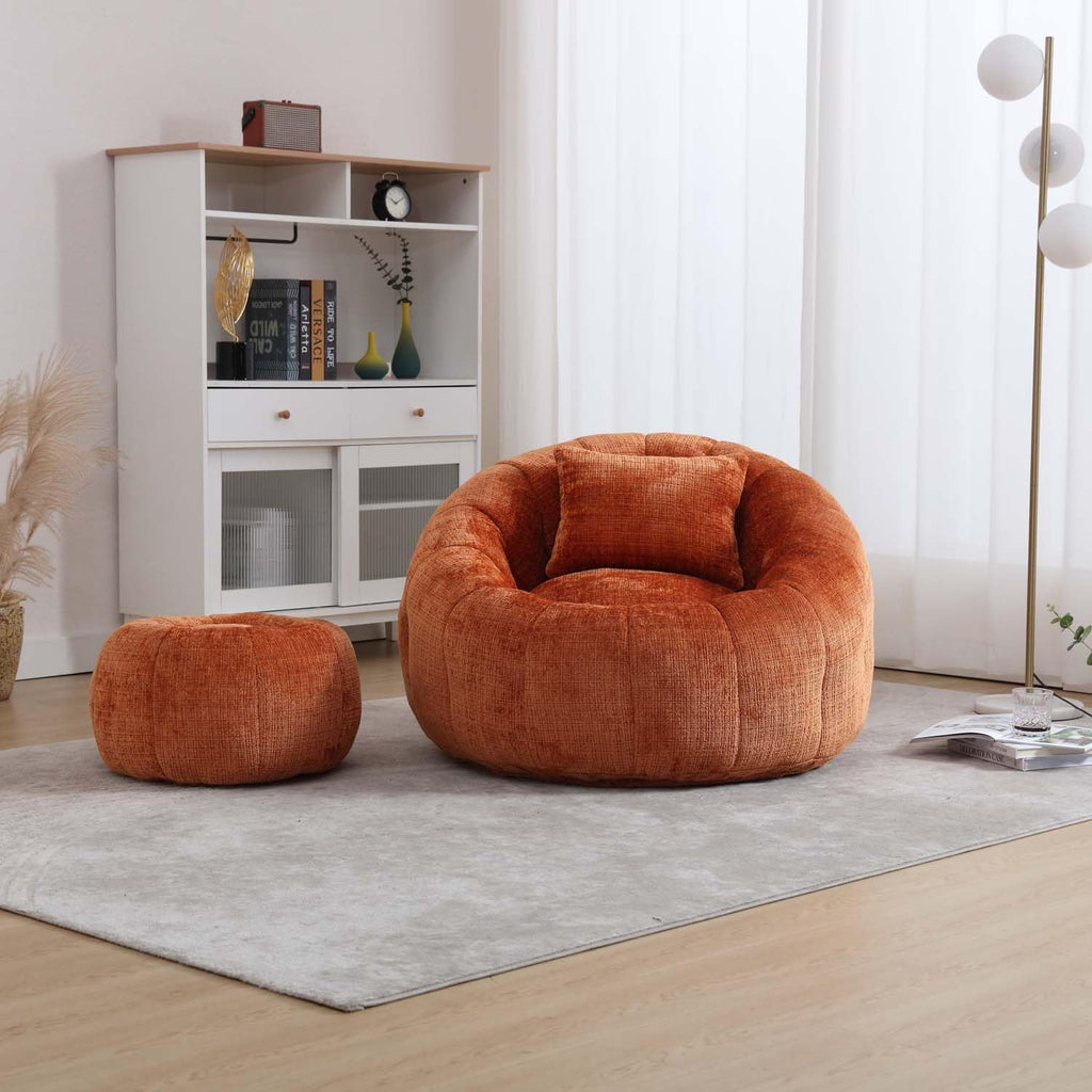 Round Cloud Bean Bag Chair, Leisure Floor Single Seater with Ottoman, Plush Chenille Sofa Chair, Lazy Bean Bag Chairs for Bedroom, Apartment and Living Room (Orange)