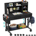 Pink Kids Desk with Hutch, 32" Height Adjustable Mobile Rolling Girls Desk