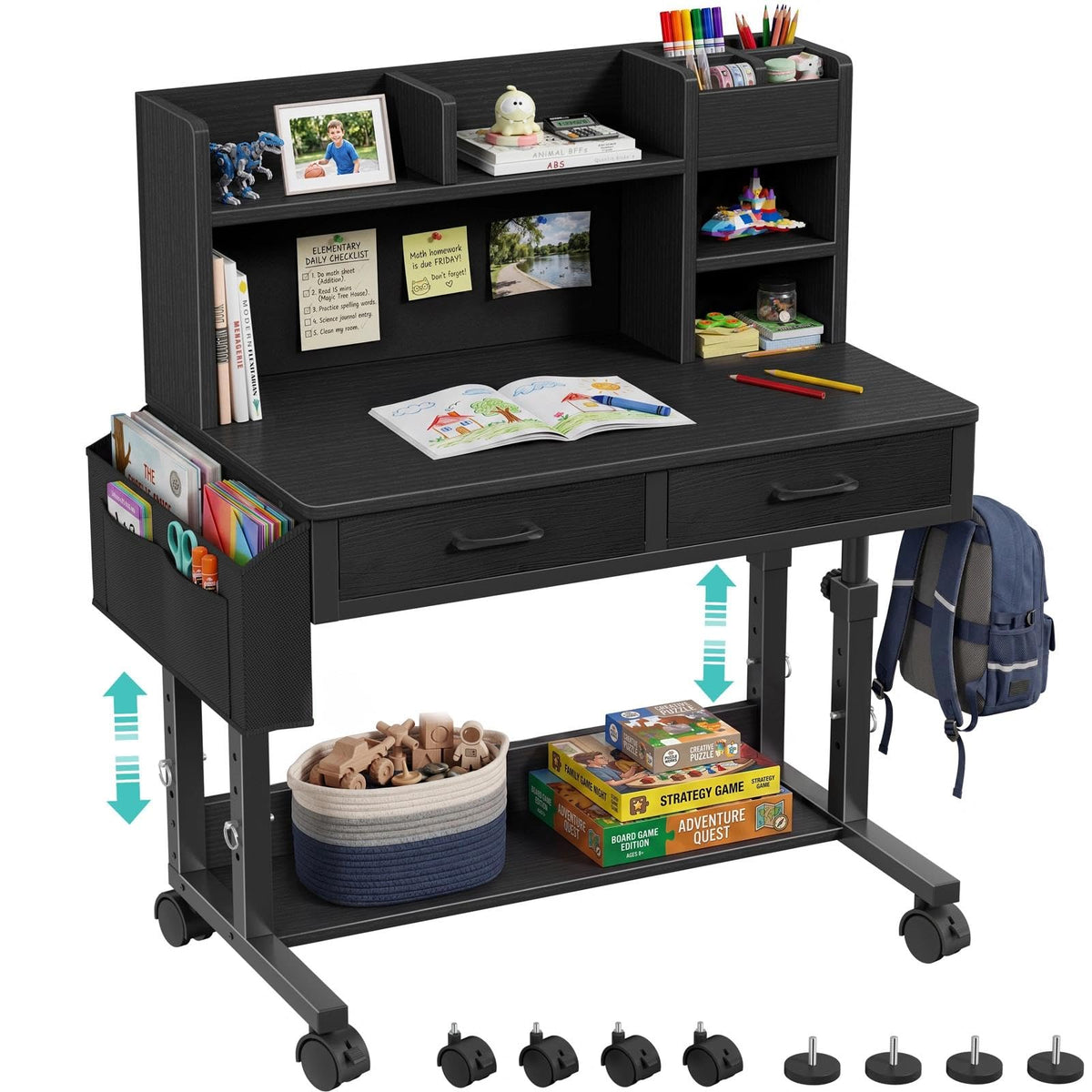 Pink Kids Desk with Hutch, 32" Height Adjustable Mobile Rolling Girls Desk