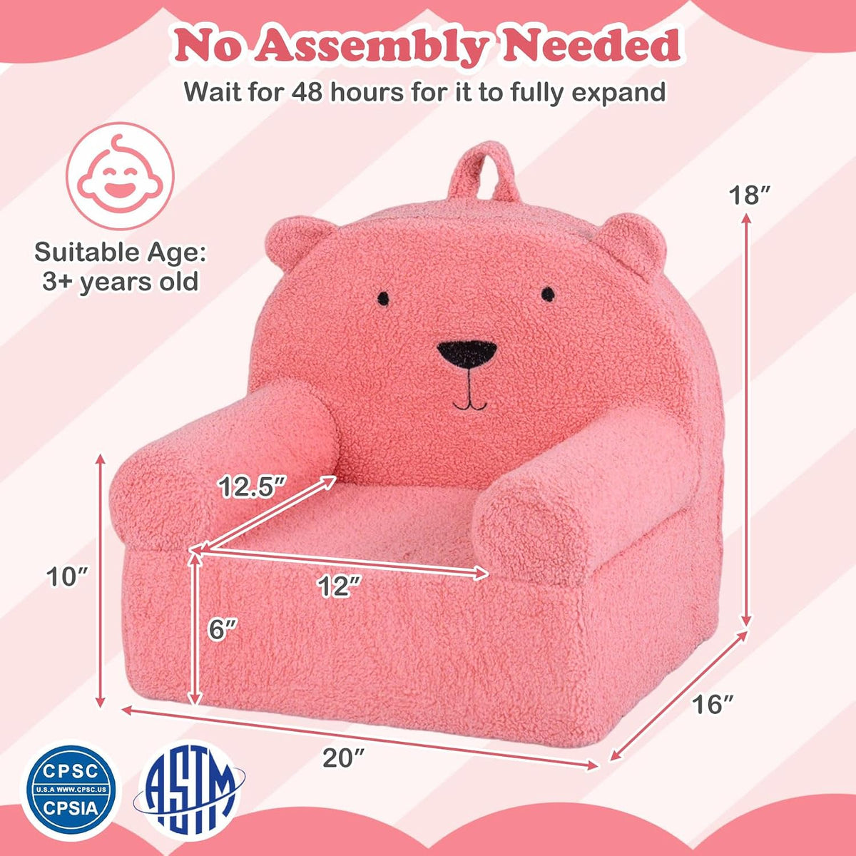 Costzon Kids Sofa, Comfy Bear Toddler Foam Couch with Soft Fleece Fabric Cover, Kids Furniture for Playroom, Children Reading Armchair for Boys & Girls Aged 3+ (["Teddy Fleece],Pink)