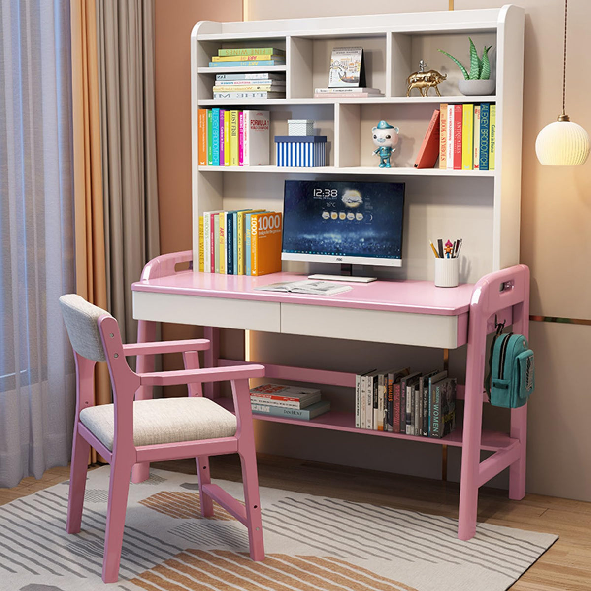 Kids Desk with Bookshelf, Height Adjustable Childrens Desk and Chair Set for 8-12 Year Old, Student Desk with Shelves, Drawer and Hooks, Large Storage Walnut Color 100cm Desk
