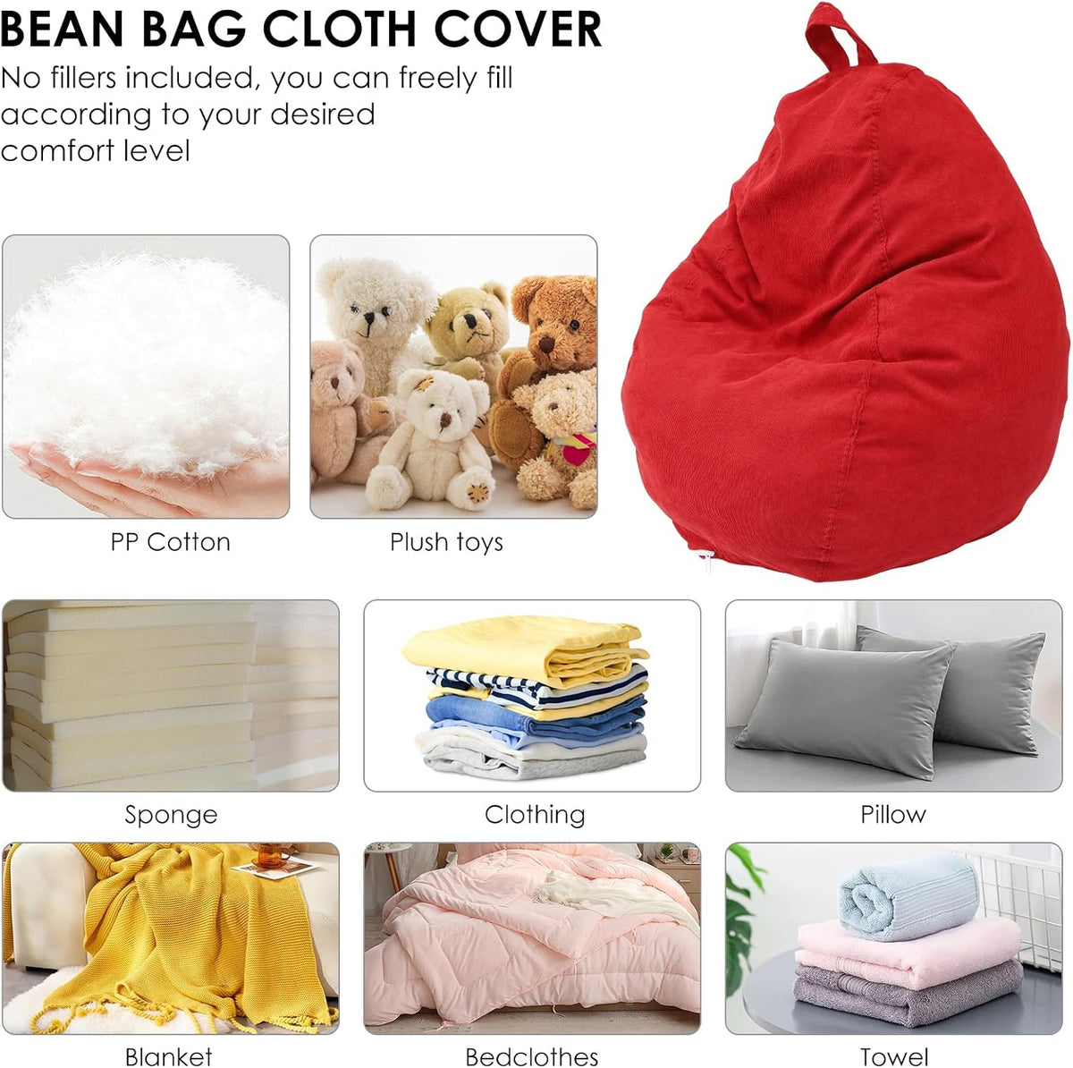 Bean Bag Chair Cover No Filler, 16 x 18 inches Comfortable Beanbag Chairs Cover with Handle,Soft Corduroy Bean Bag Cover, Plush Toys Organizer Holder,Stuffed Animal Bean Bag for Kids Adults Plush Toys