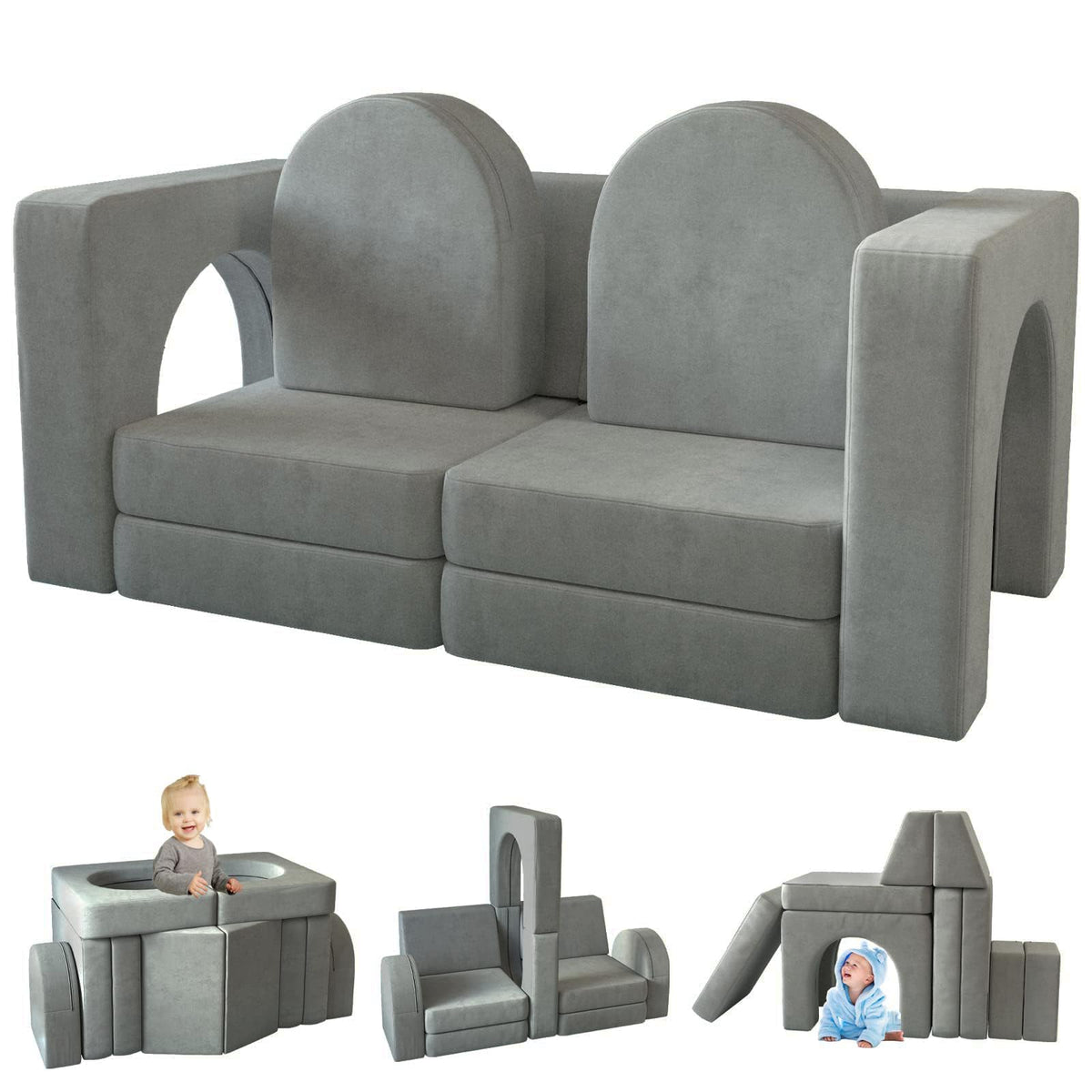 wanan Kids Couch 10PCS, Modular Kids Play Couch for Playroom Bedroom, 10 in 1 Multifunctional Kid Sofa for Playing, Creativing, Sleeping, Indoor Toddler Couches for Boys and Girls(Grey)
