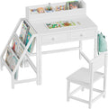 White Kids Desk and Chair Set for 5-8 Year Old Girls Boys, Small Child Desk with Bookshelf, Children Study Table with Fabric Drawer and Storage