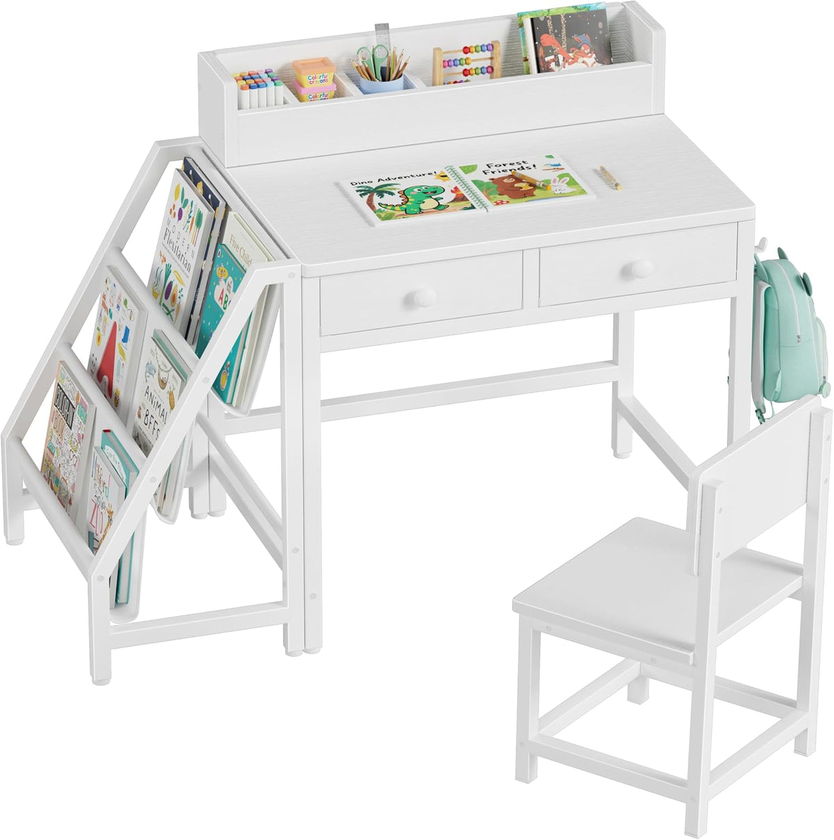 White Kids Desk and Chair Set for 5-8 Year Old Girls Boys, Small Child Desk with Bookshelf, Children Study Table with Fabric Drawer and Storage