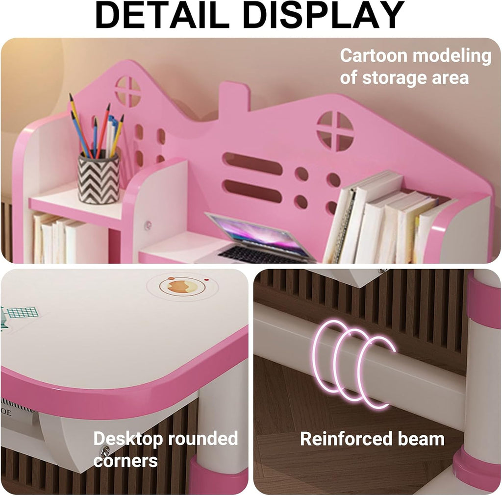 Kids Desk and Chair Set, Height Adjustable, Castle Backboard, Girls Desk with Bookstand and Storage Drawer, Widened Desktop (Pink)