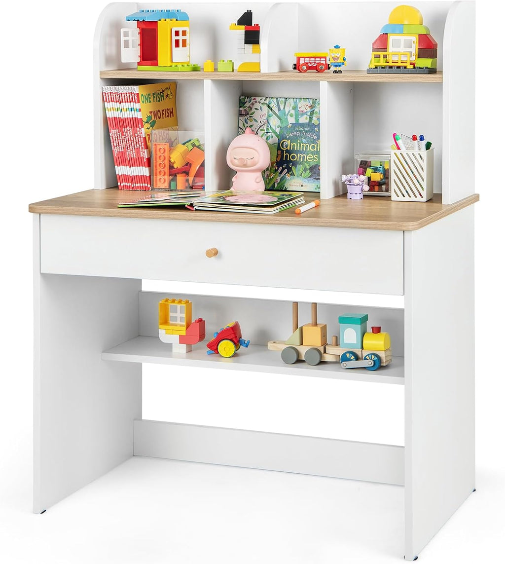 Costzon Kids Desk, Wooden Children Study Desk with Hutch, Large Drawer & Open Storage Shelf for Home School Writing, Reading or Drawing, Student Table Computer Workstation for 3+ Boys Girls (White)