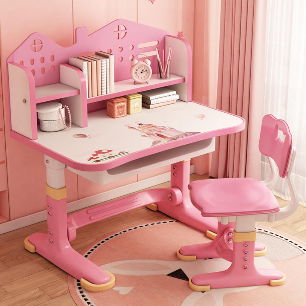 Kids Functional Desk and Chair Set, Study Desk with Chair, Height Adjustable Children School Desk with Storage Drawer for Boys Girls Pink