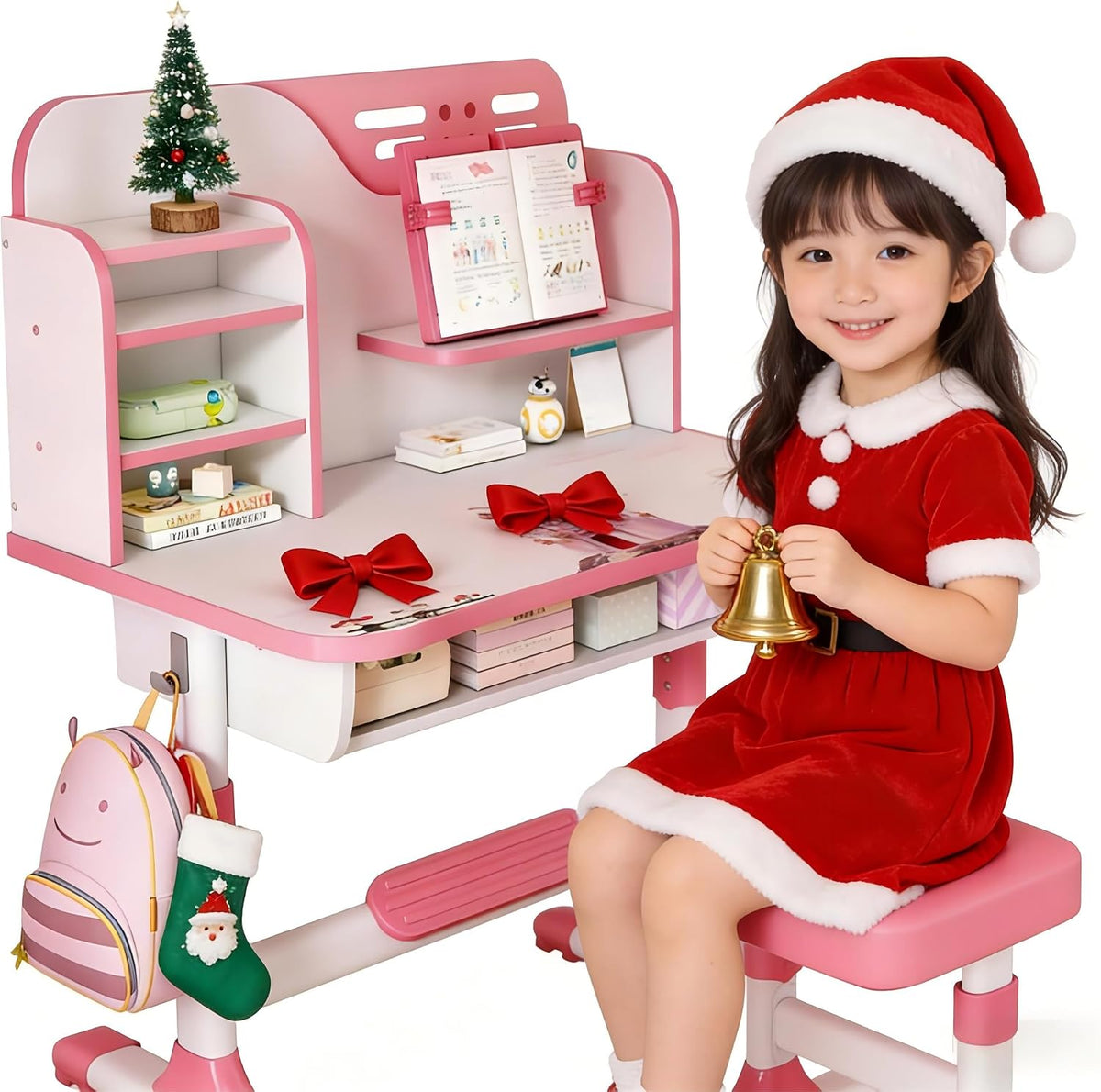 Kids Study Desk Chair Set - Height Adjustable Children's Desk and Chair School Study Table Chair with Astronaut Pattern,Ergonomic Desk Chair with Writing Board, Bookshelf and Drawer Pink