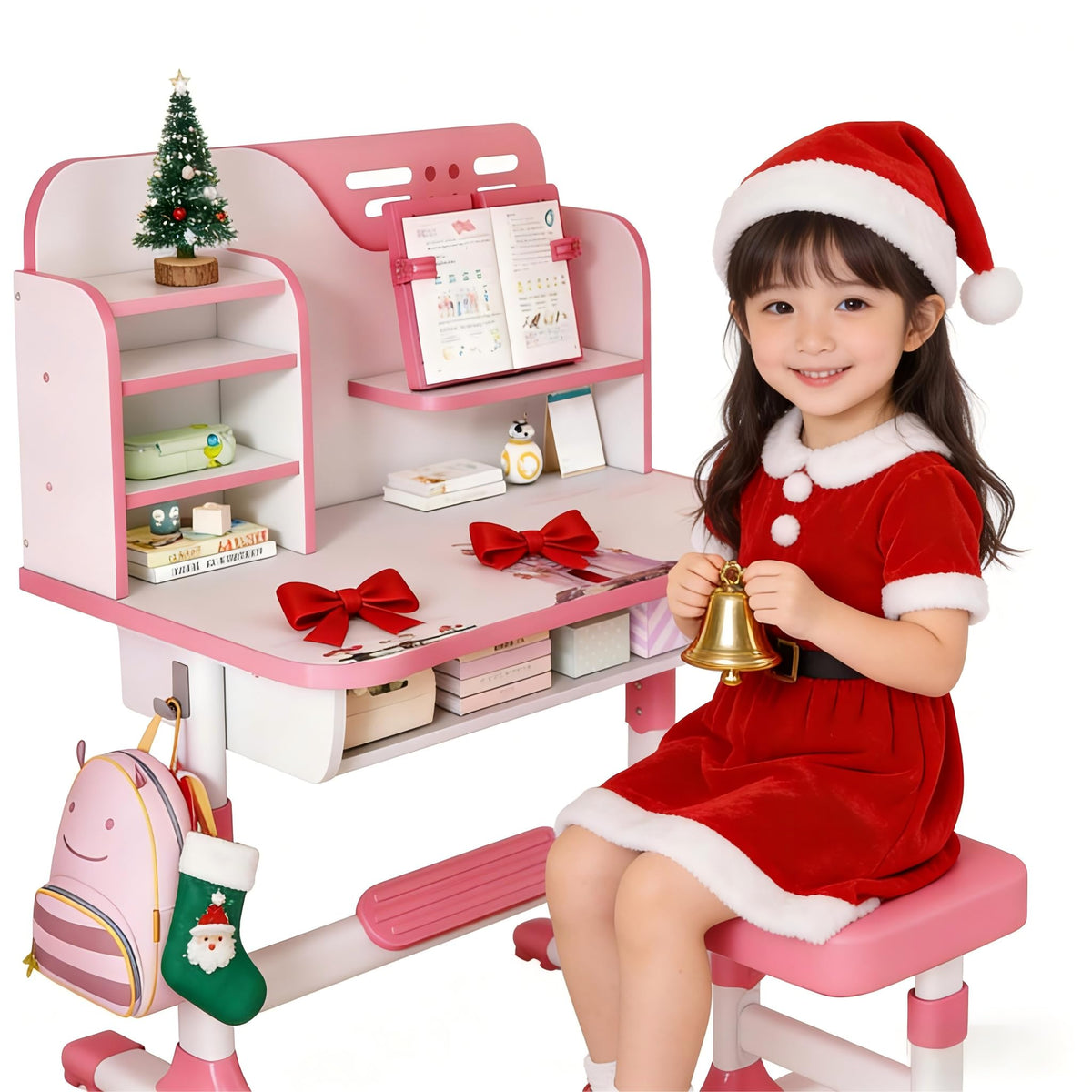 Kids Study Desk Chair Set - Height Adjustable Children's Desk and Chair School Study Table Chair with Astronaut Pattern,Ergonomic Desk Chair with Writing Board, Bookshelf and Drawer Pink