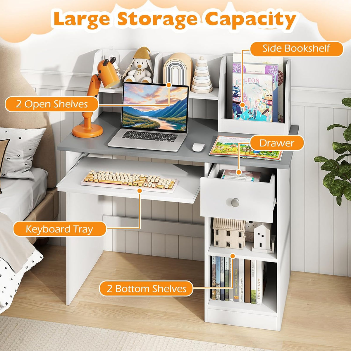 Costzon Kids Desk, Wooden Children Study Desk w/Hutch, Storage Shelves, Bookshelf & Keyboard Tray for Home School Writing or Reading, Computer Workstation Student Table for Boy Girl 3-6 (Gray)