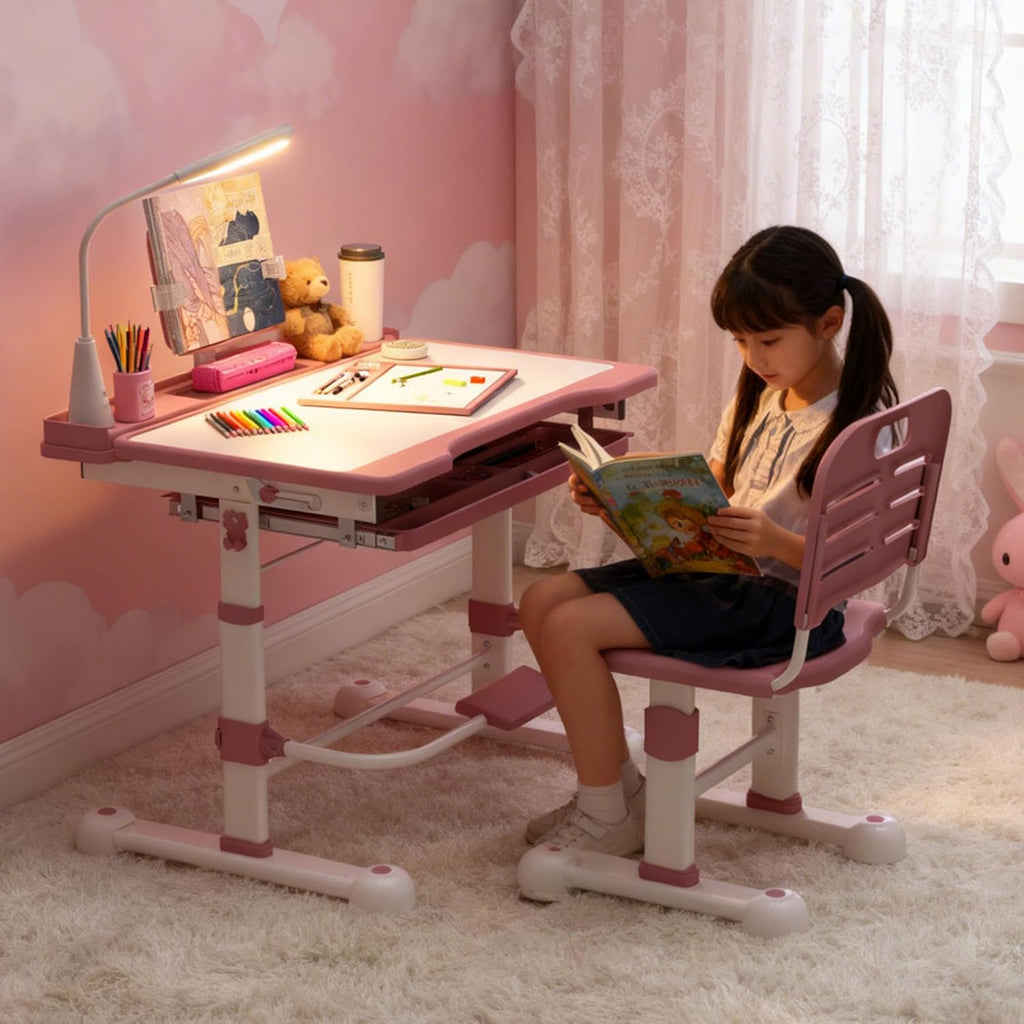 Height Adjustable Pink Desk and Chair 2PCS Set for Kids Aged 4-12