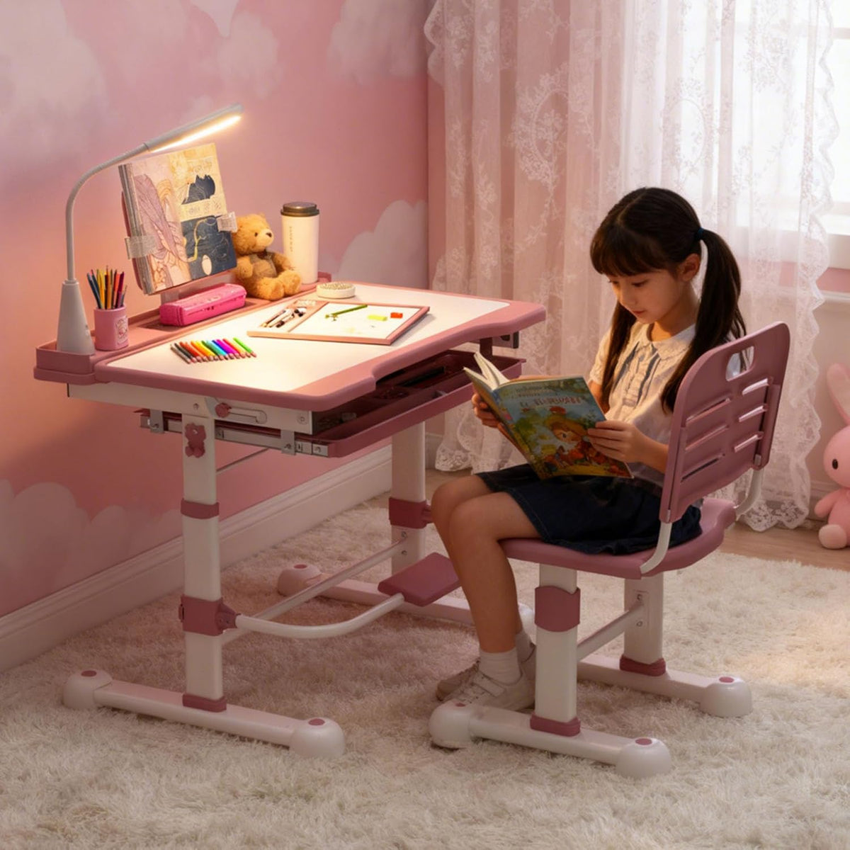 Height Adjustable Pink Desk and Chair 2PCS Set for Kids Aged 4-12