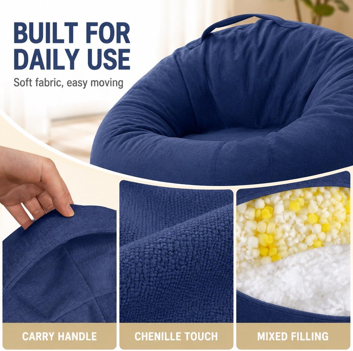 Lekit Blue Bean Bag Chair for Teens and Kids, 33.5 x 33 x 24 Inch Velvet Cartoon and Chenille Beanbag Sofa with Foam and PP Cotton Fill, Soft Comfy Lounge C