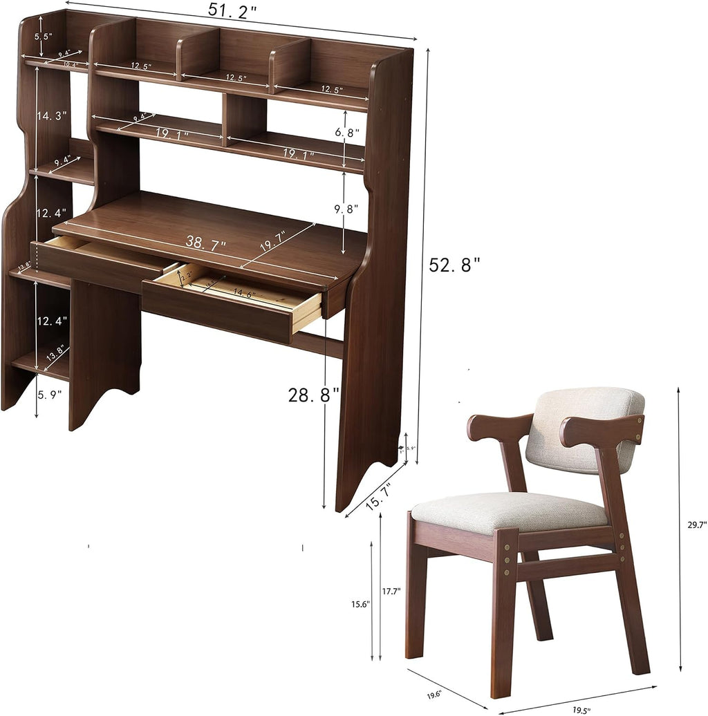 Kids Desk Kids Table and Chair Set with Drawers and Bookshelf Rubber Wood Kid's Media Desk Student Learning Computer Workstation and Writing Desk(Brown)