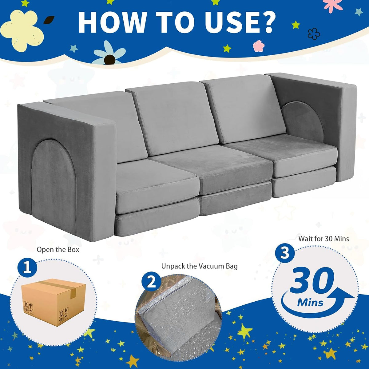 wanan Kids Couch 13PCS, Modular Kids Play Couch for Playroom Bedroom, 13 in 1 Multifunctional Kid Sofa for Playing, Creativing, Sleeping, Indoor Toddler Couches for Boys and Girls(Grey)