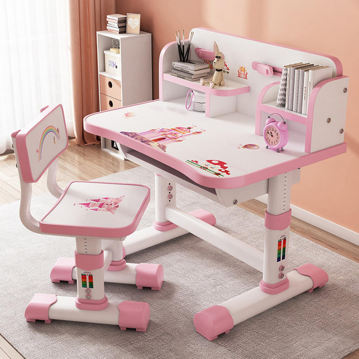 Talent Star Kids Desk and Chair Set,Adjustable Girls School Writing Study Table,Ergonomic Desk Chair with Large Writing Board Pull Out Drawer Book Stand (Pink & Blue) (Pink)
