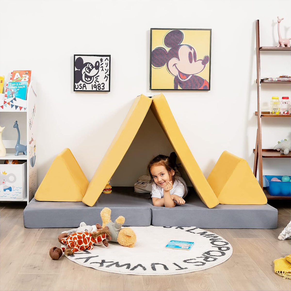 Costzon Kids Couch, 6-Piece Convertible Children's Sofa Playset or 2 Chair w/Folding Mats & 2 Pillows, Washable Cover, Toddler to Teen Bedroom Playroom Boys Girls Birthday (Yellow)