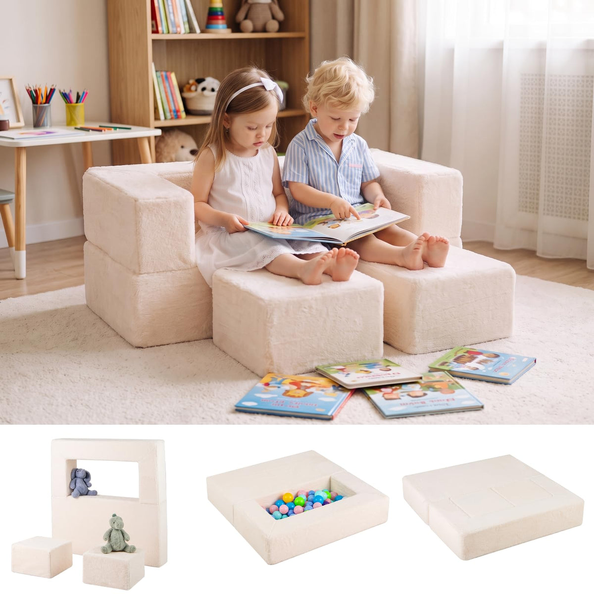 INFANS Modular Kids Play Couch, 6 PCS Toddler Creative Sectional Fort Building Sofa for Playroom, Bedroom, Children Convertible Soft Foam Furniture Playset and Floor Cushion for Boys and Girls