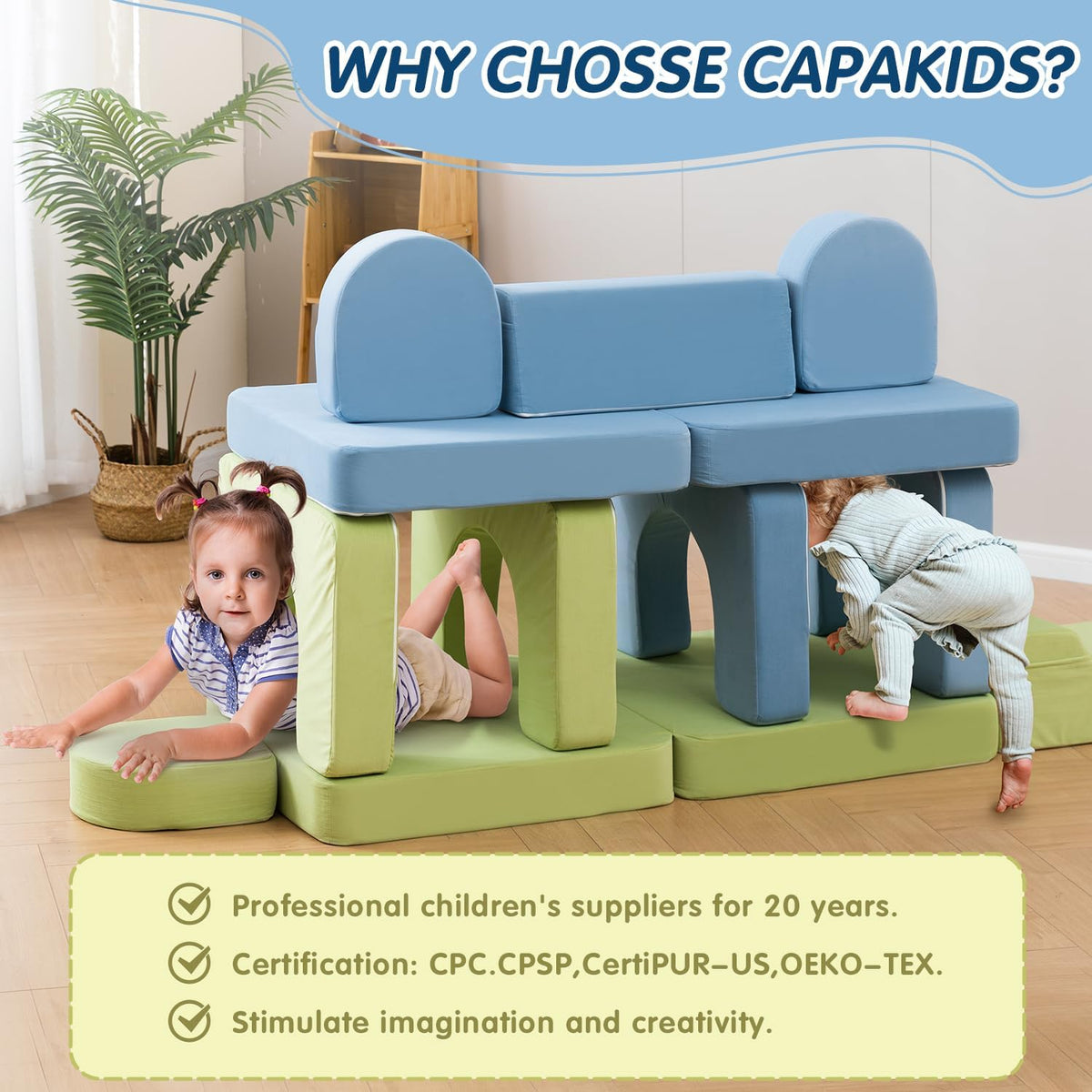 CAPAKIDS Kids Couch with 1000+ Building Options, Blue/Green