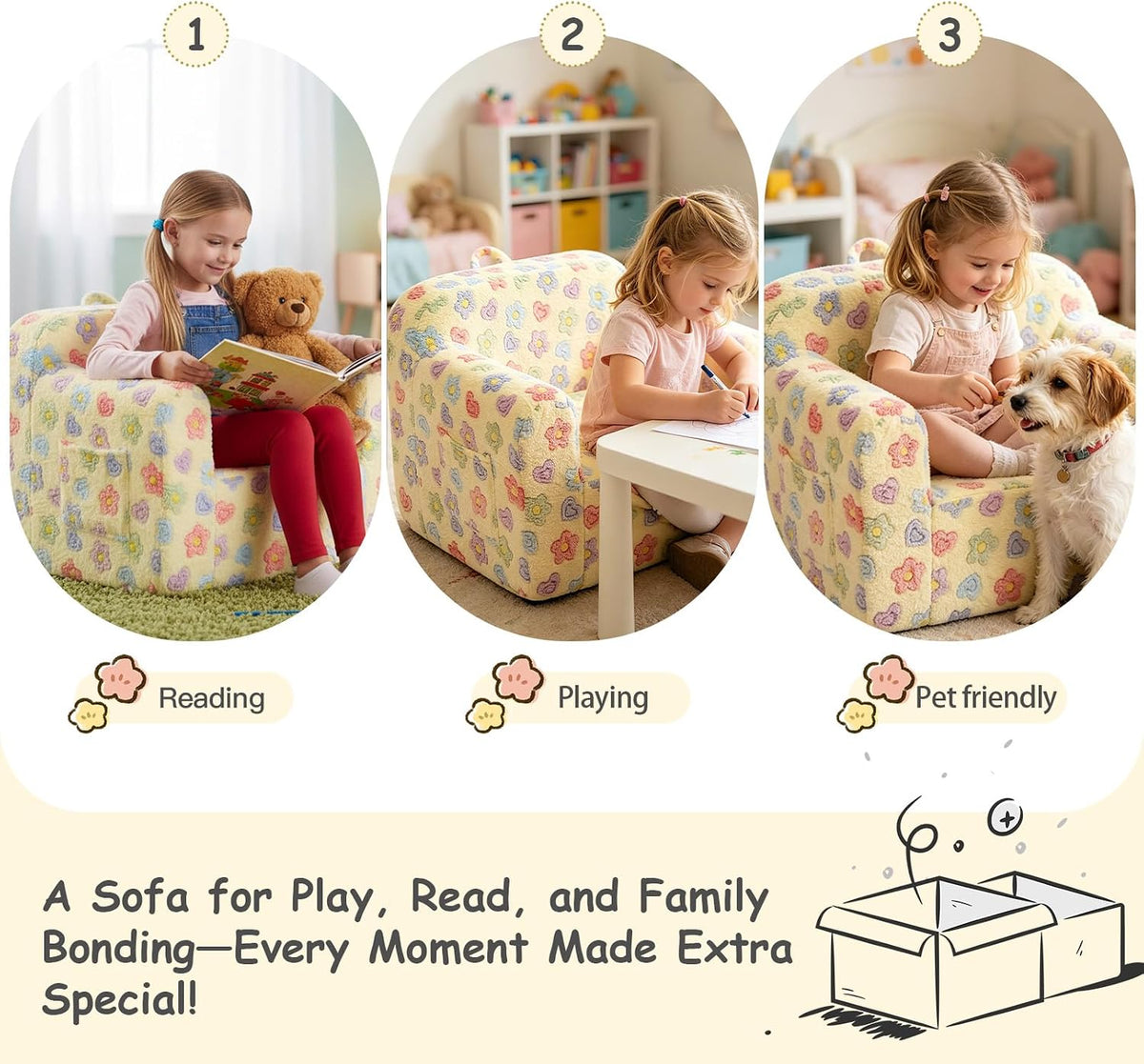 Tiita Kids Sofa, Childrens Couch with Carry Handle, Portable Toddler Foam Sofa Couch, Lightweight Kids Chair for Playroom, Dorm Room, Small Space, Flower