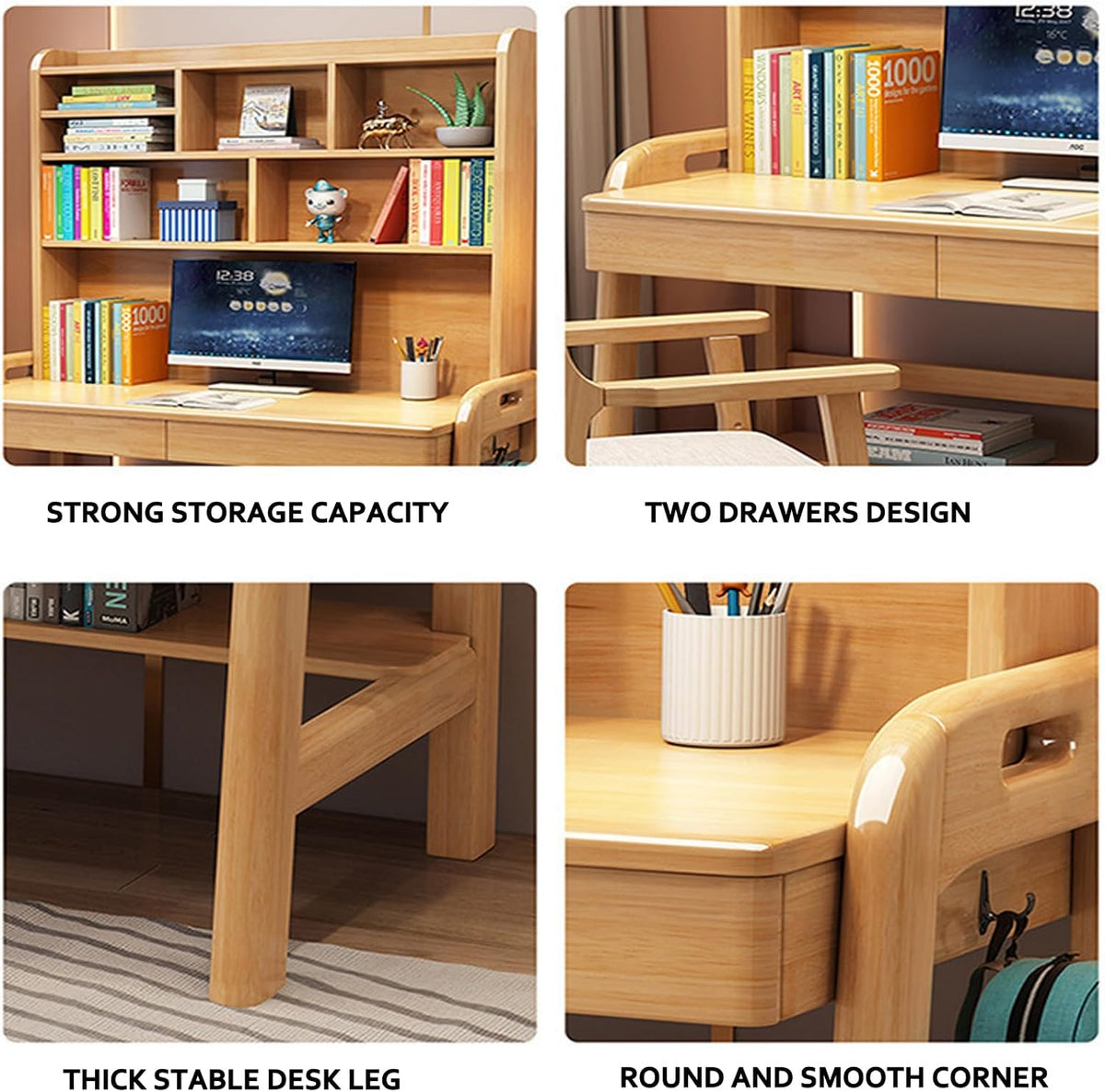 Kids Desk with Bookshelf, Height Adjustable Childrens Desk and Chair Set for 8-12 Year Old, Student Desk with Shelves, Drawer and Hooks, Large Storage Walnut Color 100cm Desk