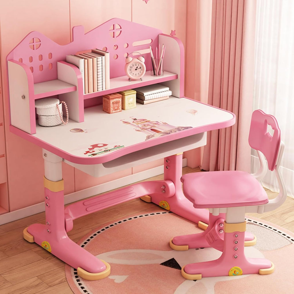 Kids Functional Desk and Chair Set, Height Adjustable Children School Study Desk with Storage Drawer for Boys Girls (Pink)