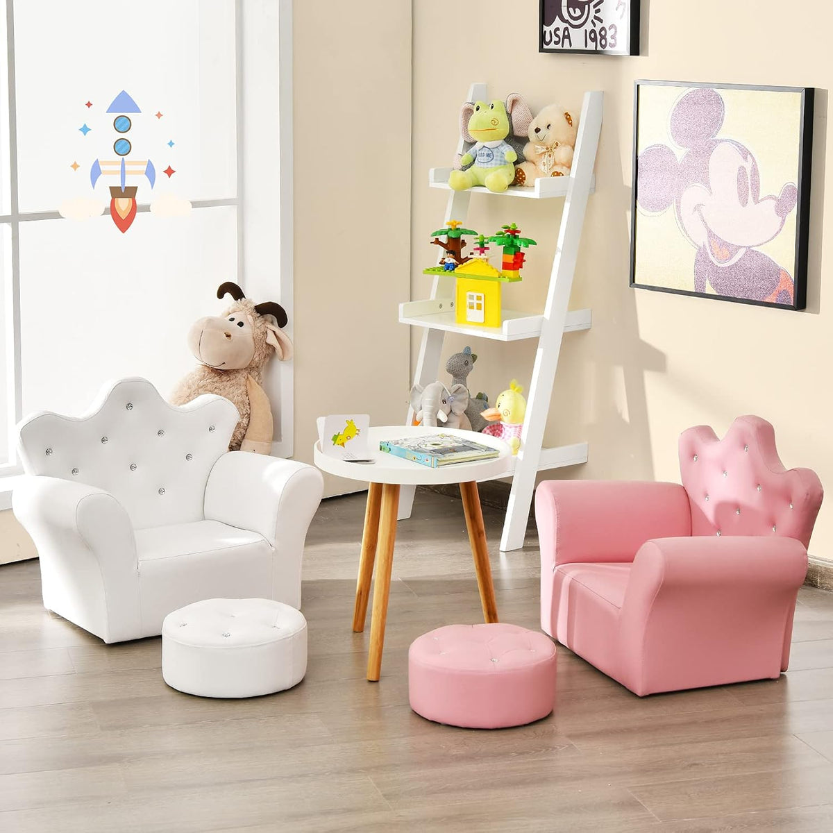 MAT EXPERT Toddler Couch with Ottoman, Kids Royal Sofa Couch with Smooth PVC Leather, Crown Shape & Diamond Buckle Decoration, Upholstered Kids Sofa, Ideal for Boys & Girls Age 3-5 (White)