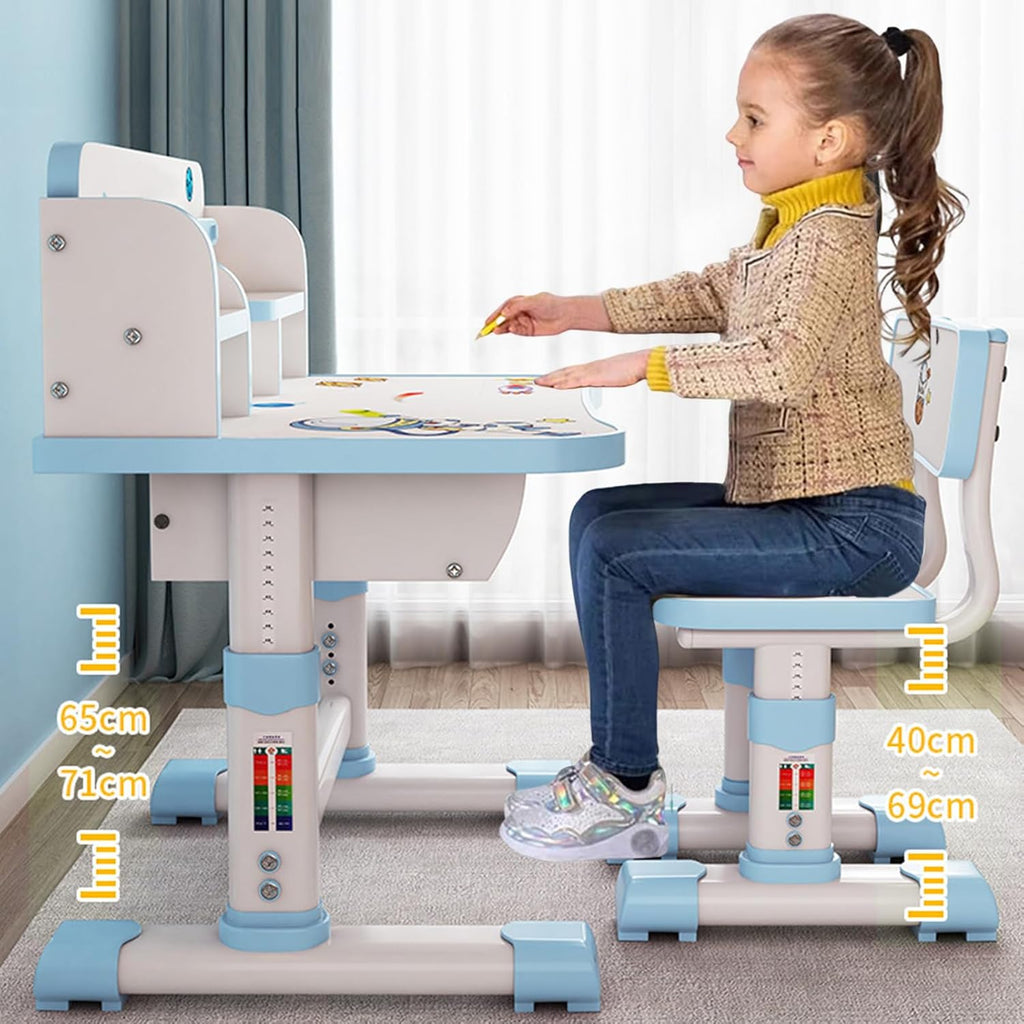 Kids Desk and Chair Set, Height Adjustable Astronaut Pattern Children School Desk with Shelf & Large Drawers, Kids Writing Study Table for Boys Girls 3+ (Blue H)