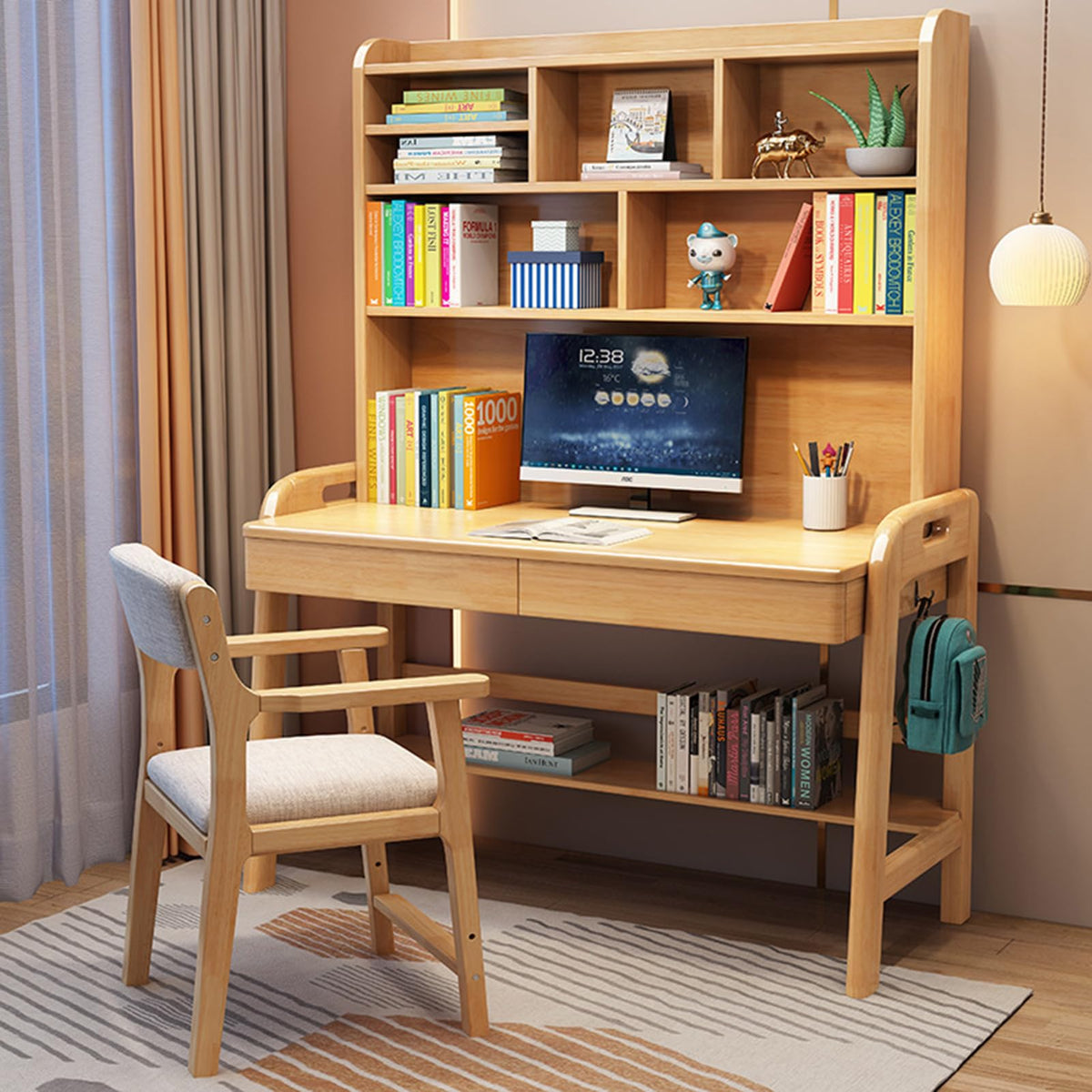 Kids Desk with Bookshelf, Height Adjustable Childrens Desk and Chair Set for 8-12 Year Old, Student Desk with Shelves, Drawer and Hooks, Large Storage Walnut Color 100cm Desk