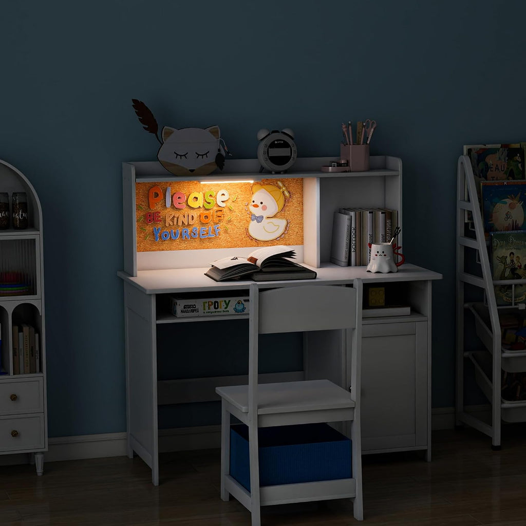 Kids Desk and Chair Set with Cork Board & Removable LED Light, White
