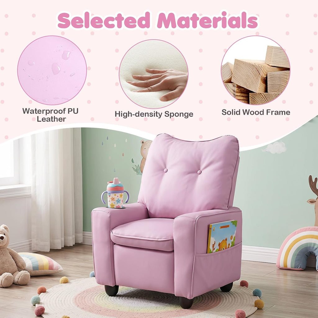 HONEY JOY Kids Recliner, PU Leather Toddler Sofa for Ages 3+ (Pink)