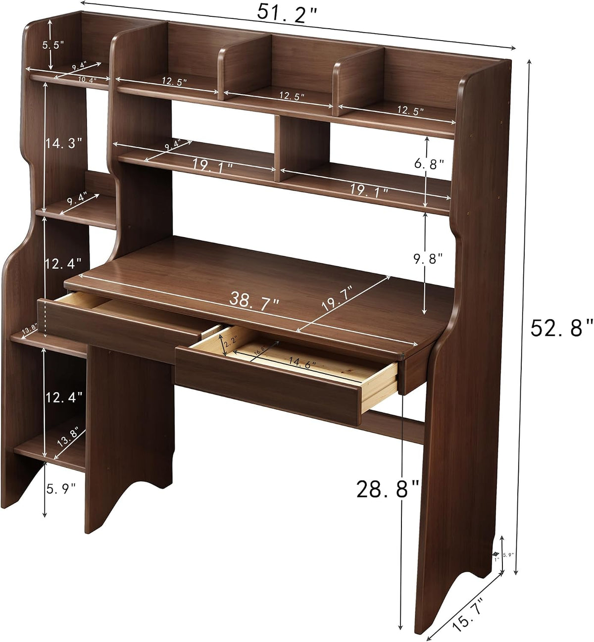 Kids Desk Kids Table with Drawers and Bookshelf Wooden Kids Media Desk Student Learning Computer Workstation and Writing Desk (Brown)
