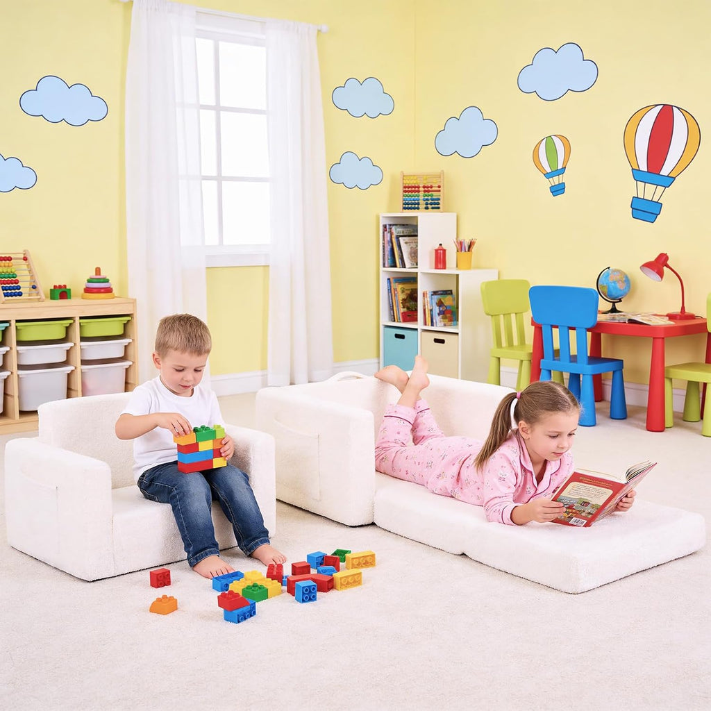 Kids Chair Sherpa Kids Couch, 2-in-1 Soft Kids Armchair for Kids' Room, Convertible Sofa for Girls and Boys, Child Reading Chair for Playroom, Living Room, Pet, Beige