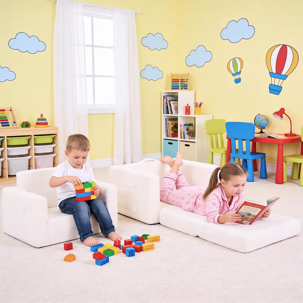 Kids Chair Sherpa Kids Couch, 2-in-1 Soft Kids Armchair for Kids' Room, Convertible Sofa for Girls and Boys, Child Reading Chair for Playroom, Living Room, Pet, Beige