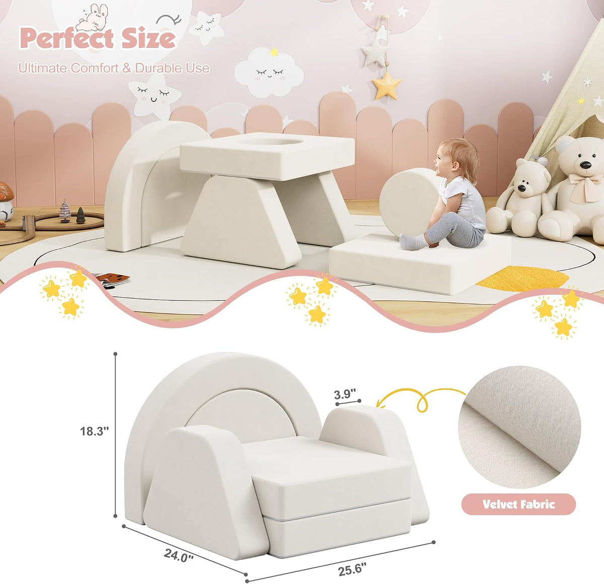 HedoAjim 7 PCS Modular Kids Play Block Sofa Child Couch Toddler Building Fortplay Bedroom Playroom Baby Convertible Floor Foam Cushion for Boys & Girls(Beige-Single)