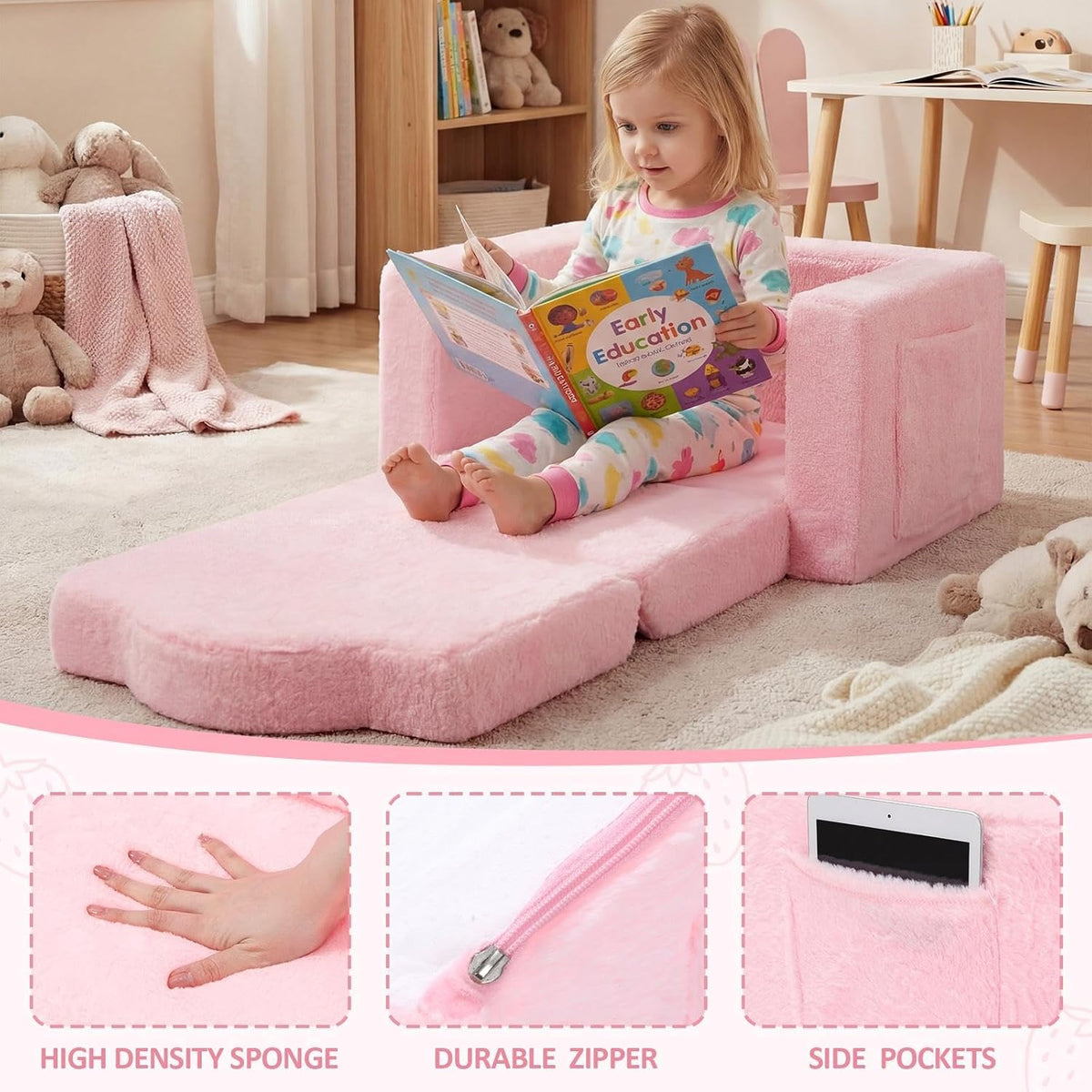 Novabright Kids Chair or Couch, 2-in-1 Soft Foldable Couch, Strawberry