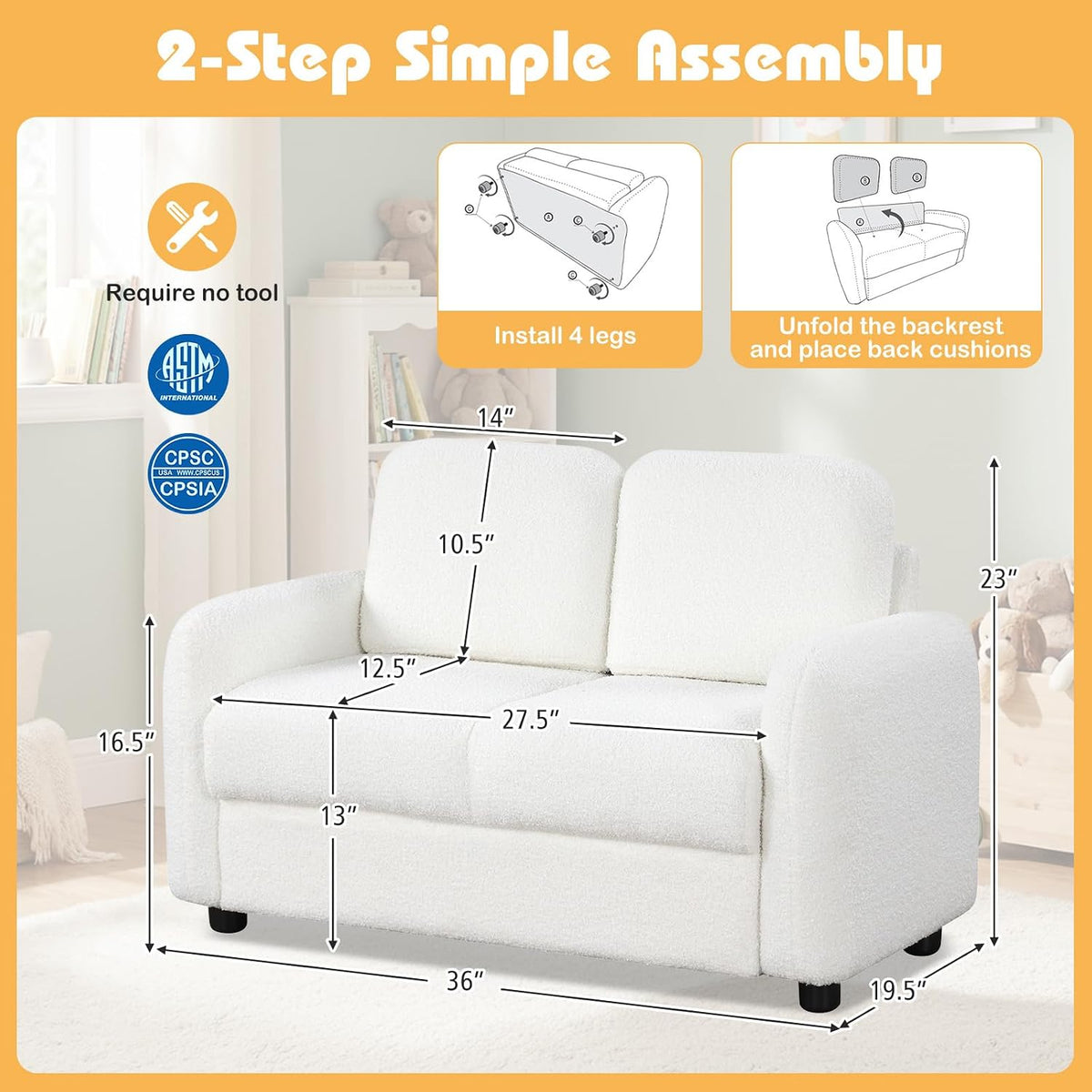 HONEY JOY Toddler Couch, Children Loveseat Sofa Armchair w/Wooden Frame, Teddy Fleece, Flexible Seating for Daycare, Preschool, Playroom, Upholstered Reading Couch, Kids Chair for Boys Girls (White)